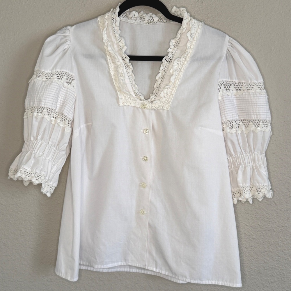 Vintage Cottage Victorian Prairie Boho White Lace Trim Puff Sleeve Blouse XL